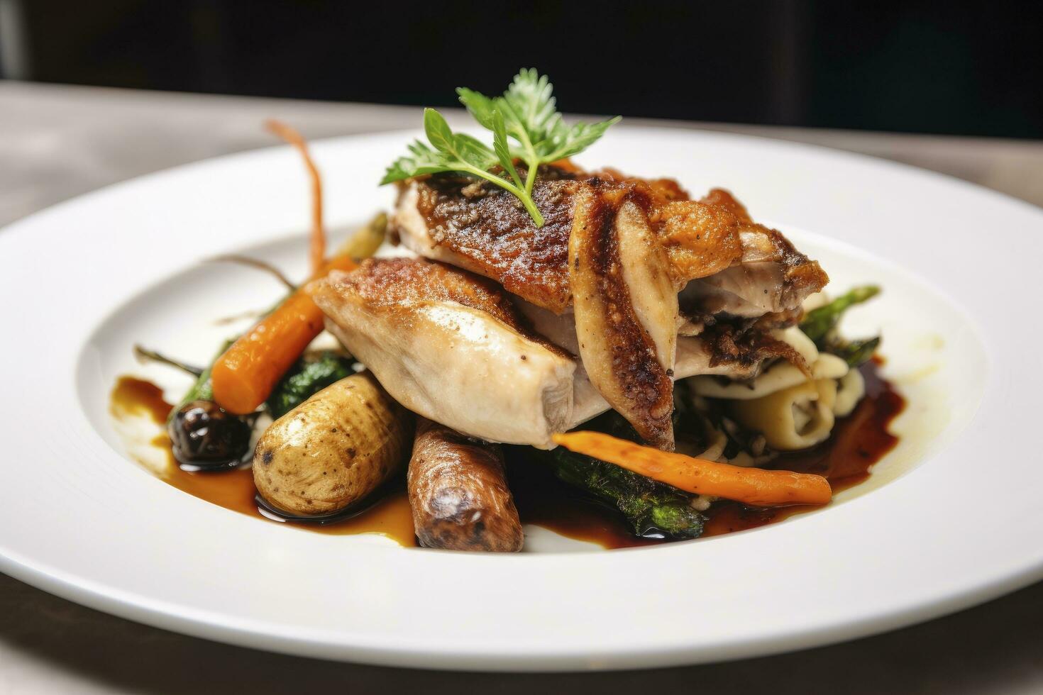 AI generated Plated chicken roast dinner on a white plate with carrot and morel mushroom. AI Generated. photo
