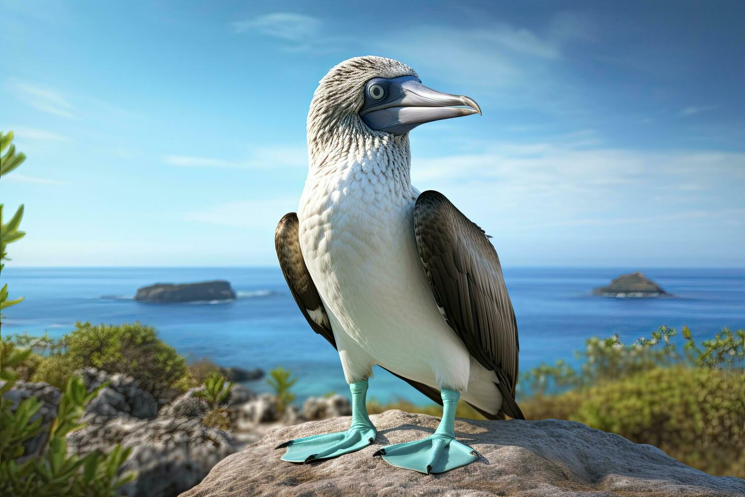 AI generated The rare blue-footed booby rests on the beach. AI Generated photo