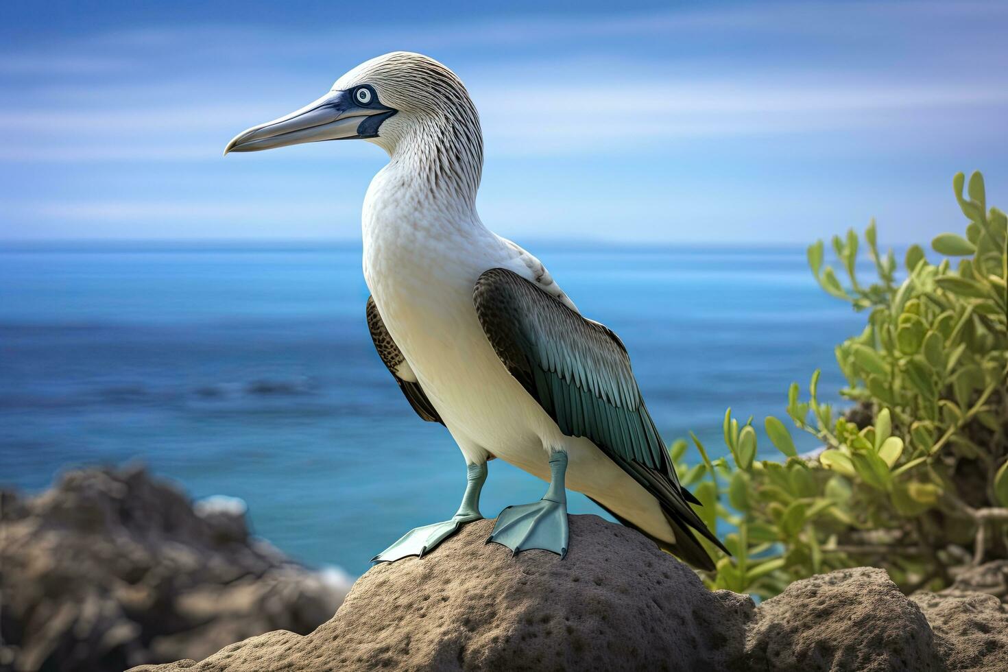 AI generated The rare blue-footed booby rests on the beach. AI Generated photo