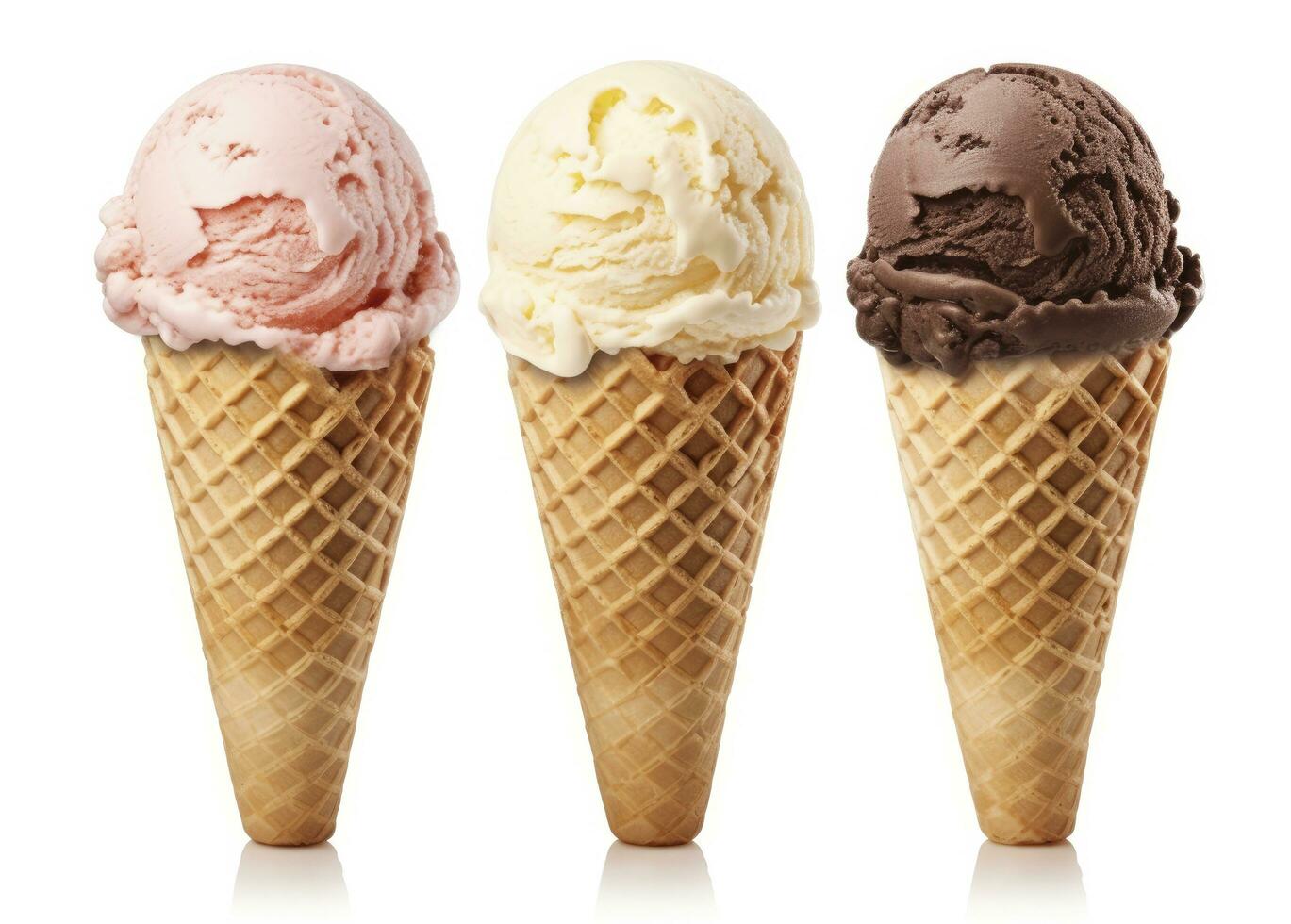 AI generated Chocolate, vanilla and strawberry Ice cream in the cone on white background. AI Generated photo