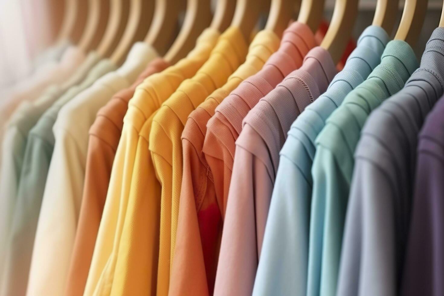 AI generated Colorful clothes on a clothing rack, pastel colorful closet in a shopping store or bedroom, rainbow color clothes choice on hangers, home wardrobe concept image. AI Generative photo