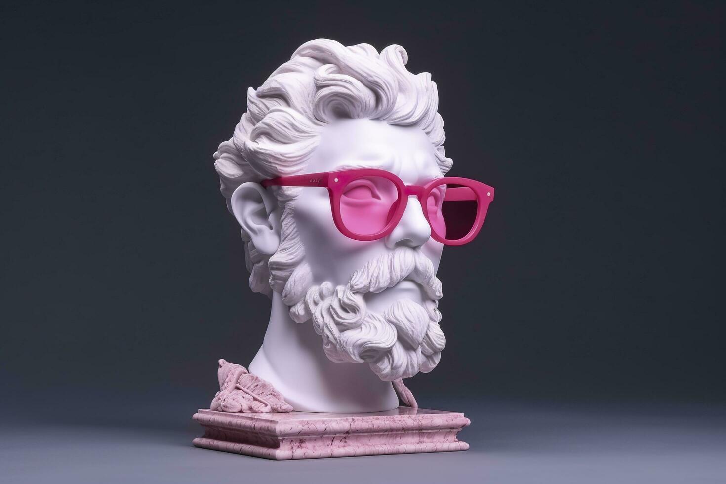 ai generado el cabeza de un blanco mitológico estatua con de moda rosado lentes en su ojos, marco en perfil. ai generativo foto