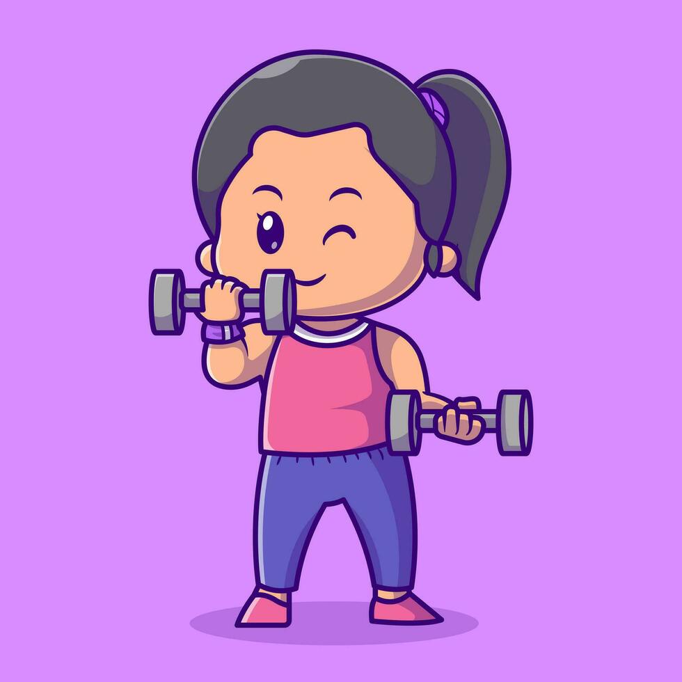 linda mujer levantamiento pesa dibujos animados vector icono ilustración. personas deporte icono concepto aislado prima vector. plano dibujos animados estilo