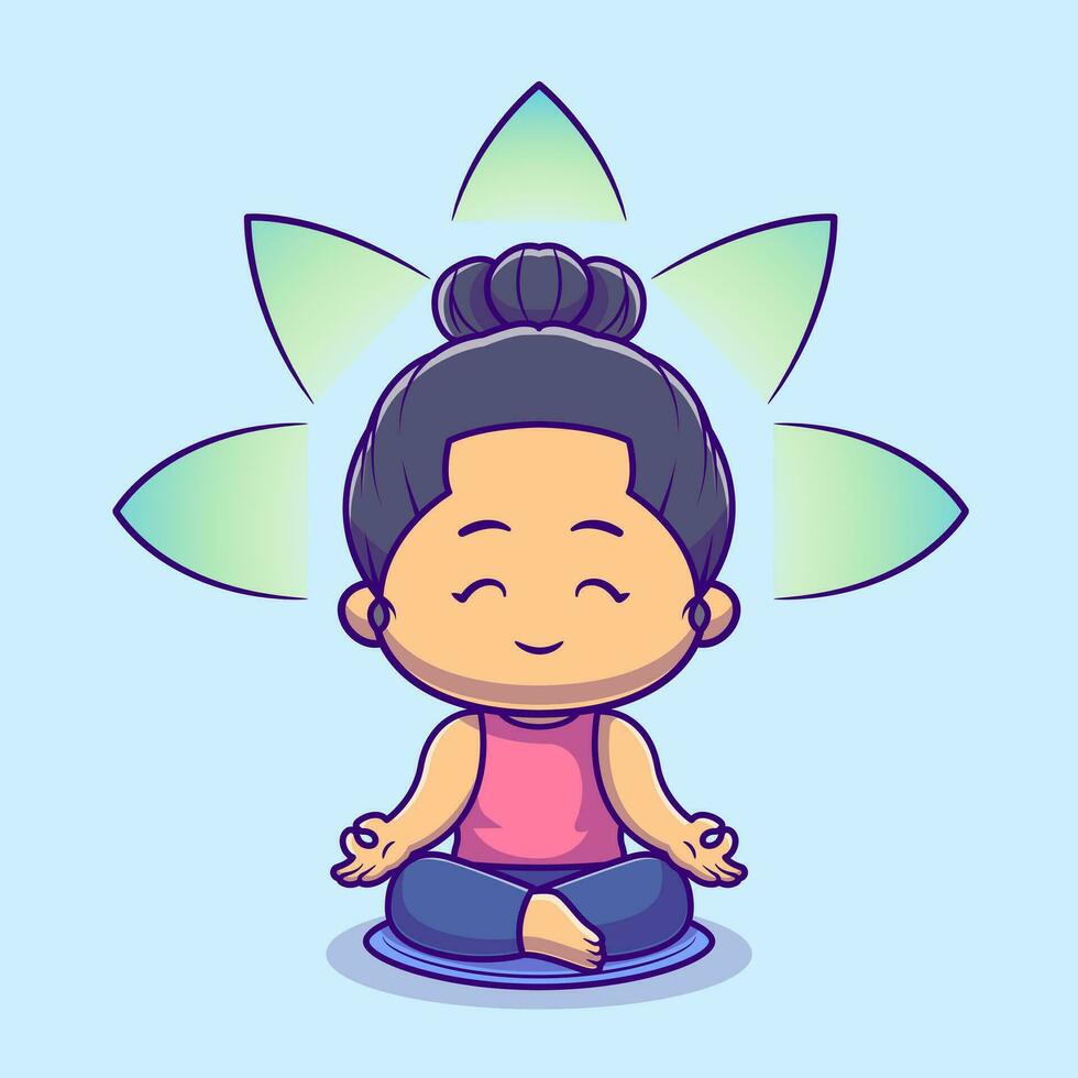 Cute Woman Meditation Yoga Cartoon Vector Icon Illustration. People Sport Icon Concept Isolated Premium Vector. Flat Cartoon Style