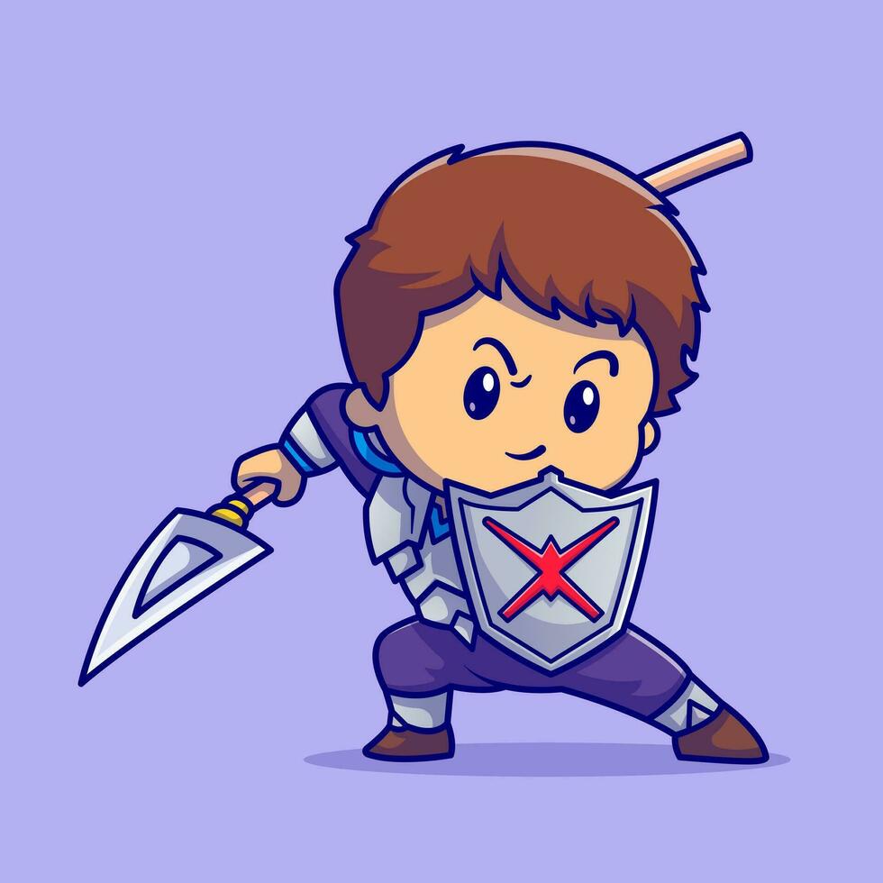 Cute Boy Knight With Shield And Spear Cartoon Vector Icon Illustration. People Hero Icon Concept Isolated Premium Vector. Flat Cartoon Style