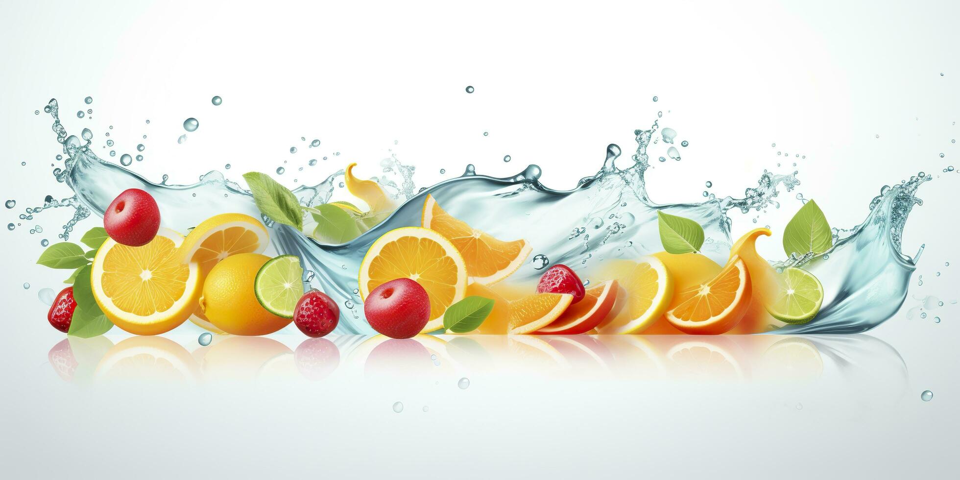 AI generated Swirl water splash with fruits. liquid flow with ice cubes and a mix of fresh fruits. Generative AI photo