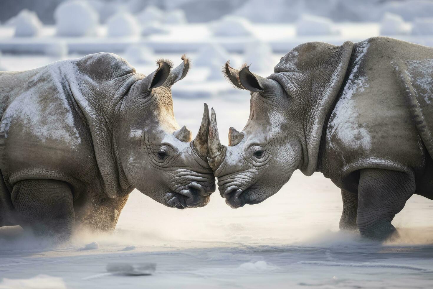 AI generated Two Rhinoceros getting ready for fight on Ice. AI Generated photo