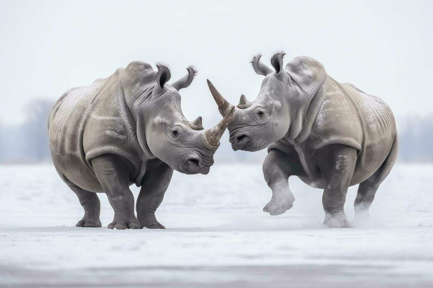 AI generated Two Rhinoceros getting ready for fight on Ice. AI Generated photo