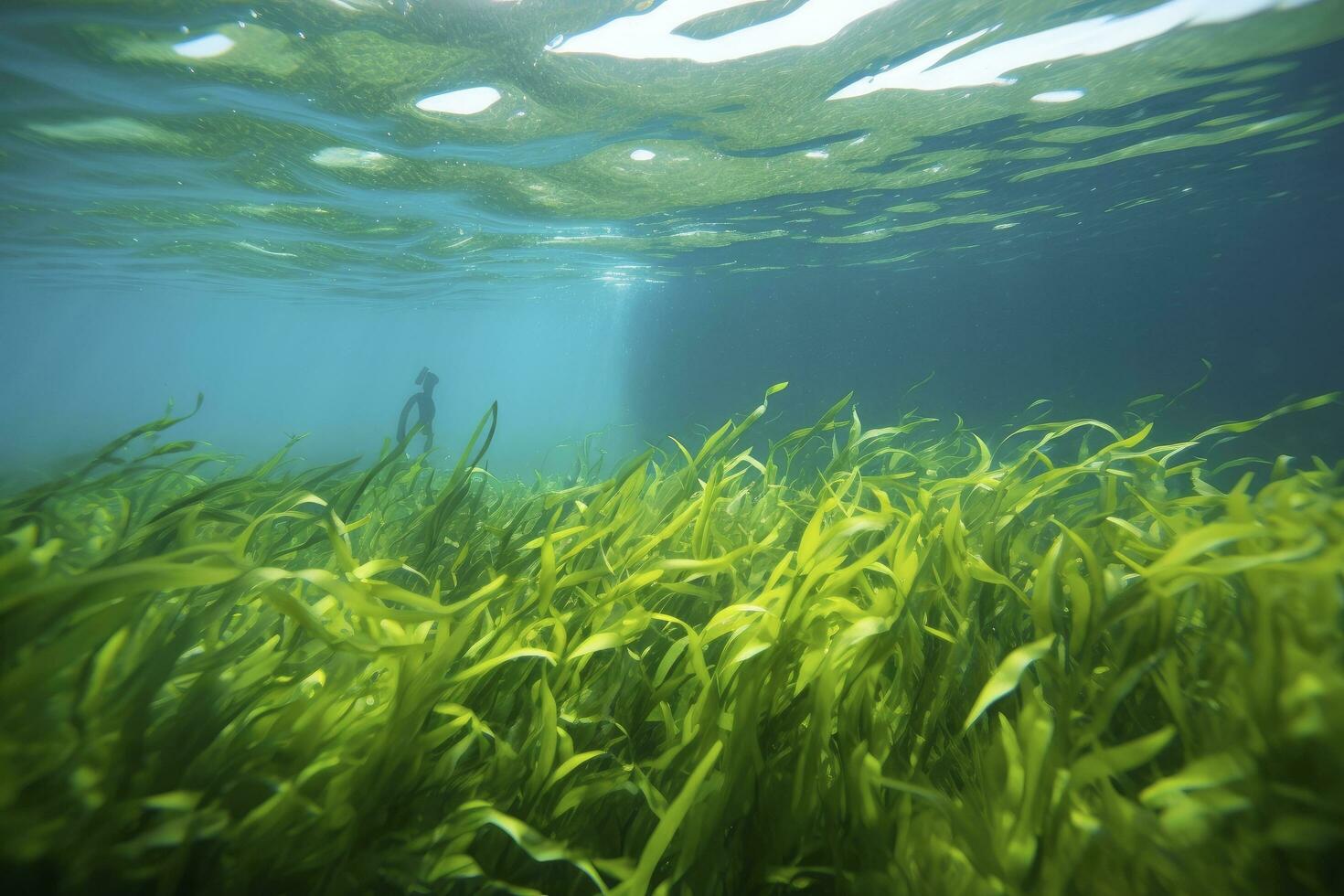 AI generated Underwater view of a group of seabed with green seagrass. AI Generated photo