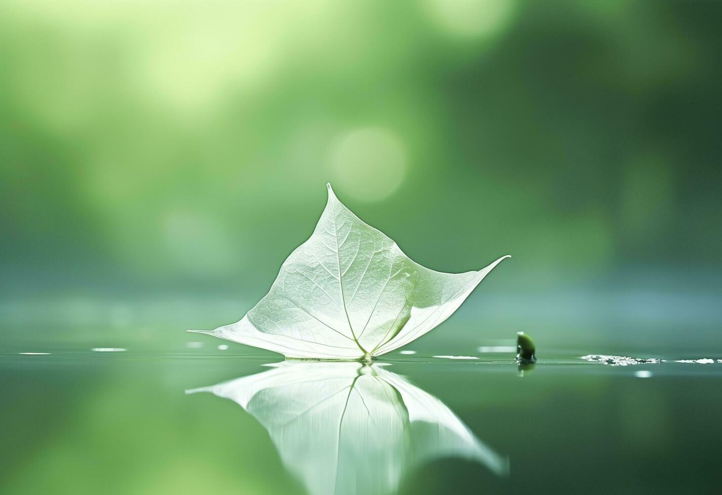 AI generated White transparent leaf on mirror surface with reflection on green background macro. Generative AI photo