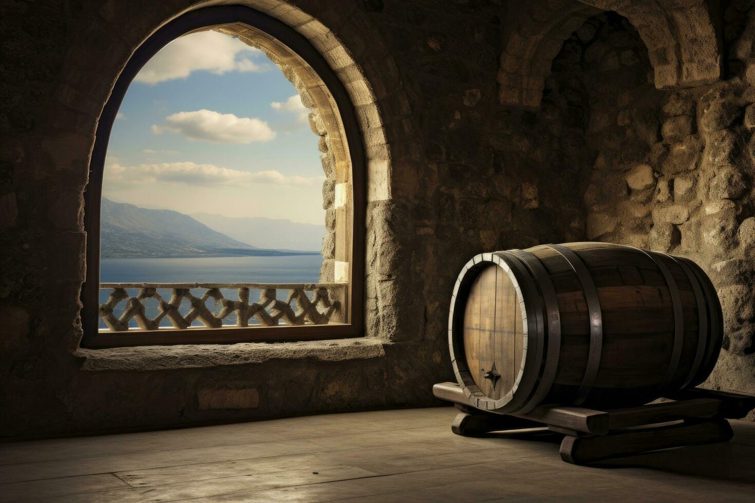 AI generated Barrel in an ancient castle beside the window. AI Generated photo