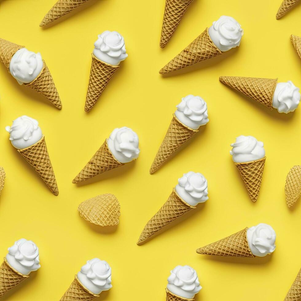 AI generated Ice Cream pattern on yellow background, top view. AI Generated photo