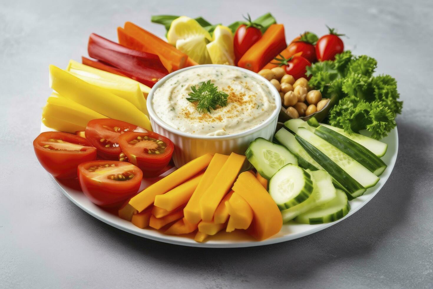 AI generated Crop shot of plate with colorful healthy sliced vegetables. AI Generated photo