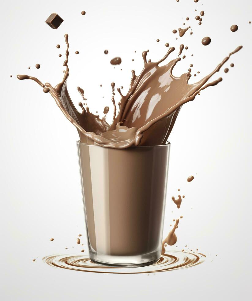 ai generado vaso con salpicaduras cacao, chocolate torrencial, y chapoteo. 3d ilustración. ai generado foto