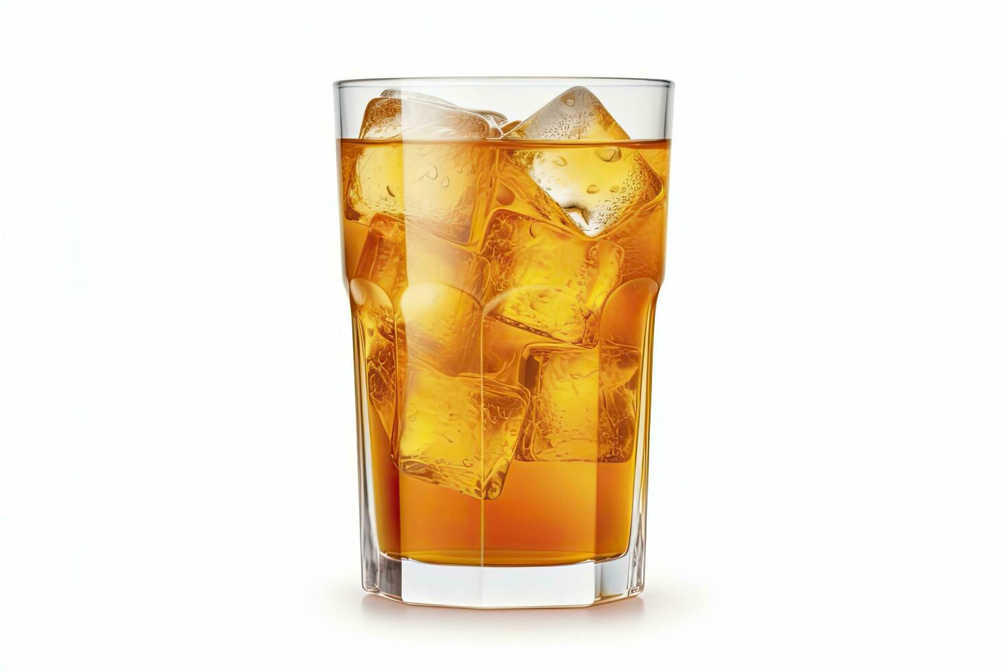 AI generated A glass of orange soda water with ice cubes on white background. AI Generated photo