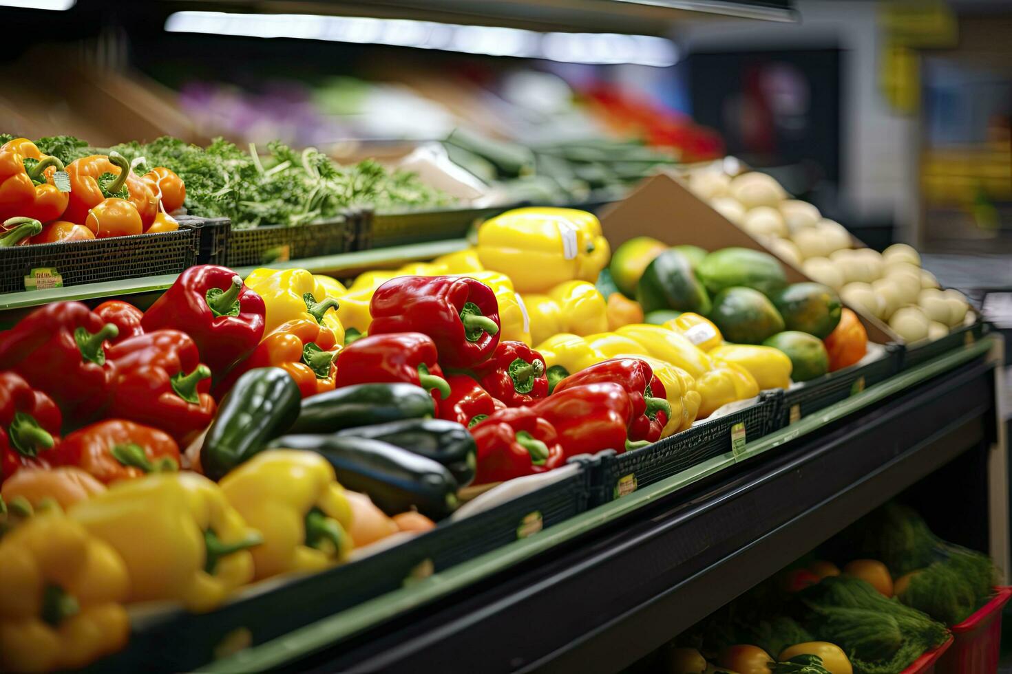 ai generado frutas y vegetales en tienda estar en supermercado tienda de comestibles almacenar. ai generado foto