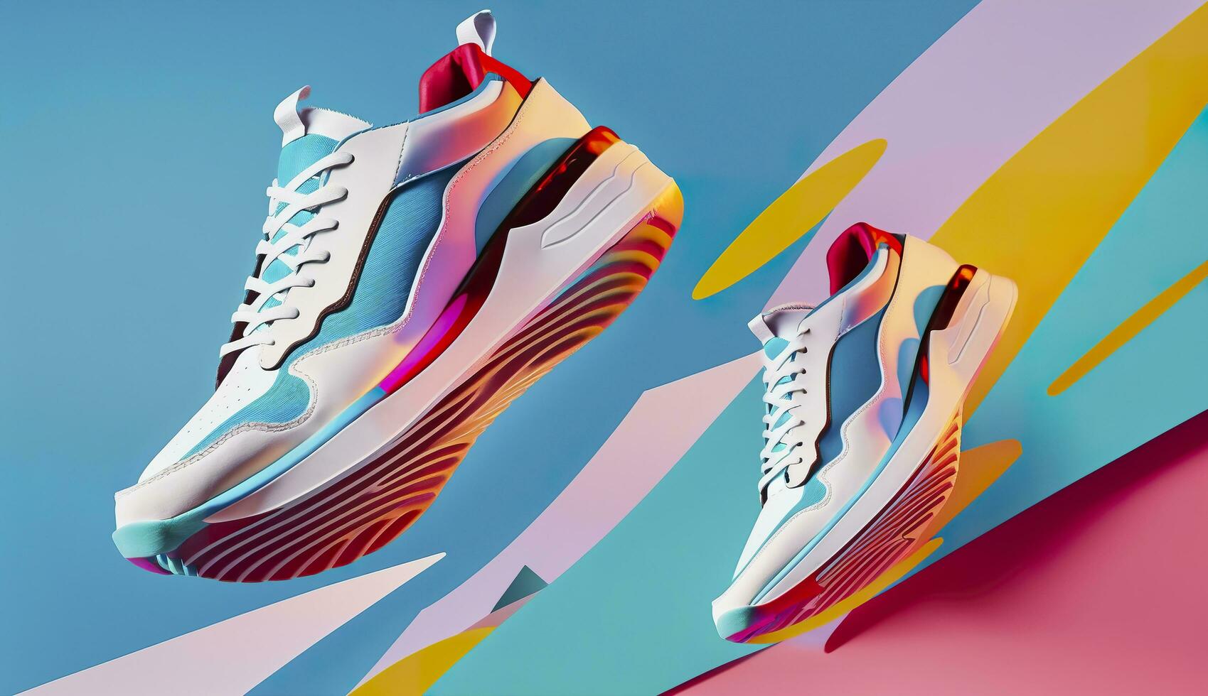 AI generated Flying trendy sneakers on creative colorful background, Stylish fashionable concept. AI Generated photo