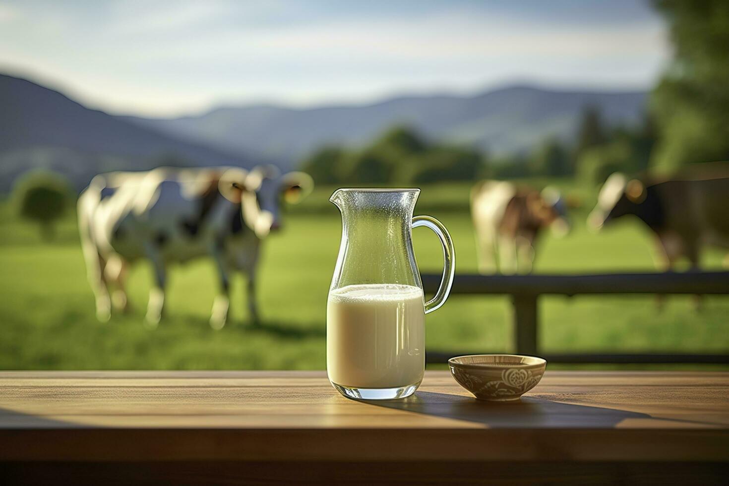 AI generated Glass pitcher with fresh milk on a wooden table. AI Generated photo