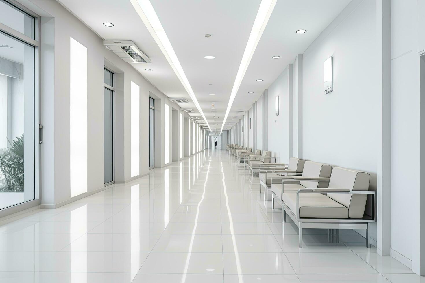 AI generated Interior design of a modern luxurious white building corridor or hallway with waiting seat. AI Generated photo