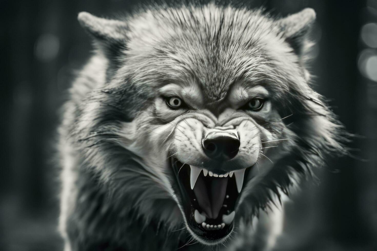 AI generated Greyscale closeup shot of an angry wolf with a blurred background. AI Generated photo