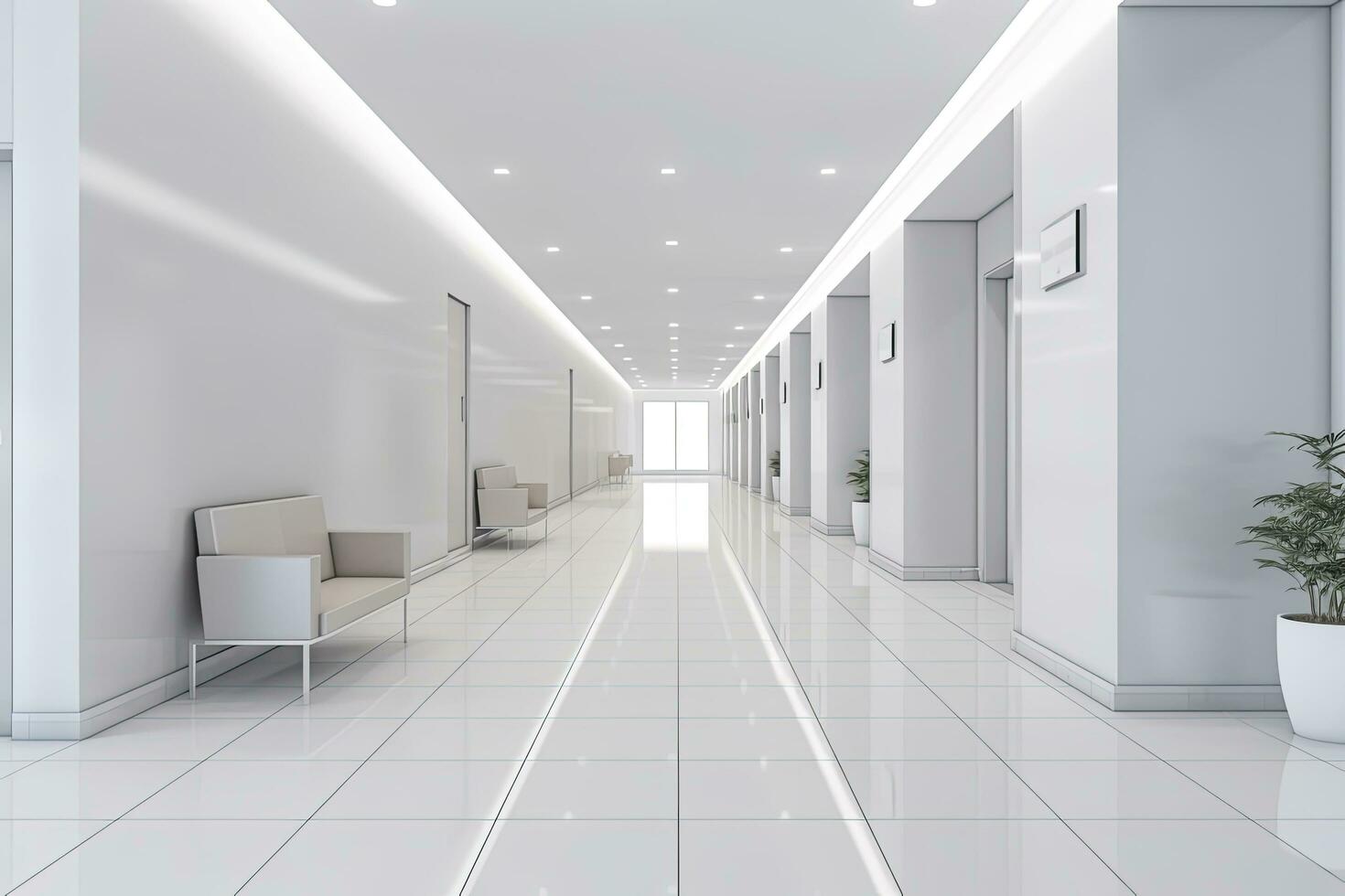 AI generated Interior design of a modern luxurious white building corridor or hallway with waiting seat. AI Generated photo