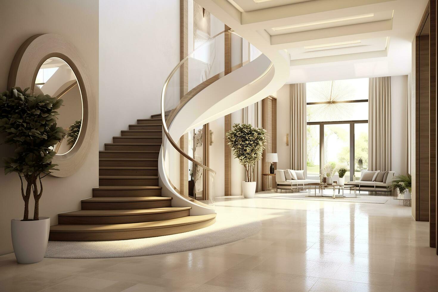 AI generated The interior design of the modern entrance hall with a staircase in the villa. AI Generated photo