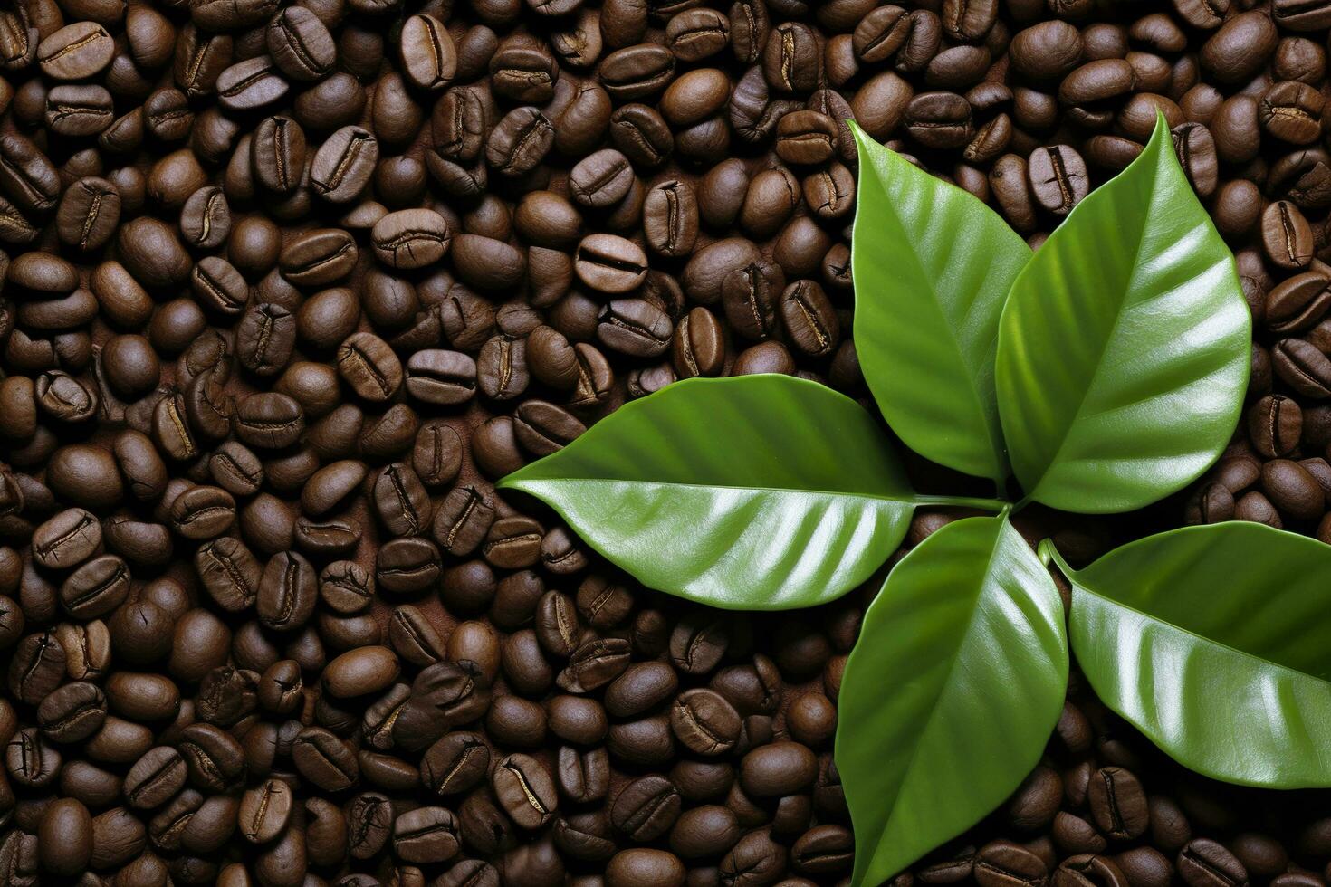 AI generated Green leaves with coffee beans as background. AI Generated photo