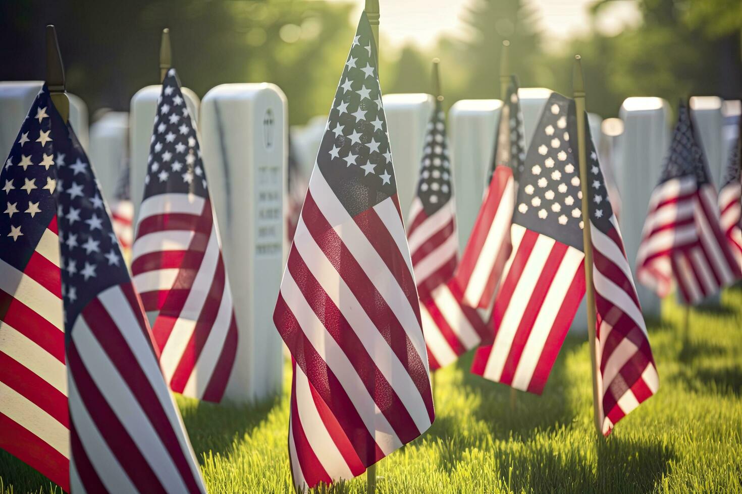 AI generated Military Headstones and Gravestones Decorated With Flags for Memorial Day.  AI Generated photo