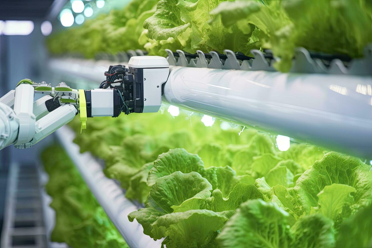 AI generated Automatic Agricultural Technology With Close-up View Of Robotic Arm Harvesting Lettuce In Vertical Hydroponic Plant. AI Generated photo