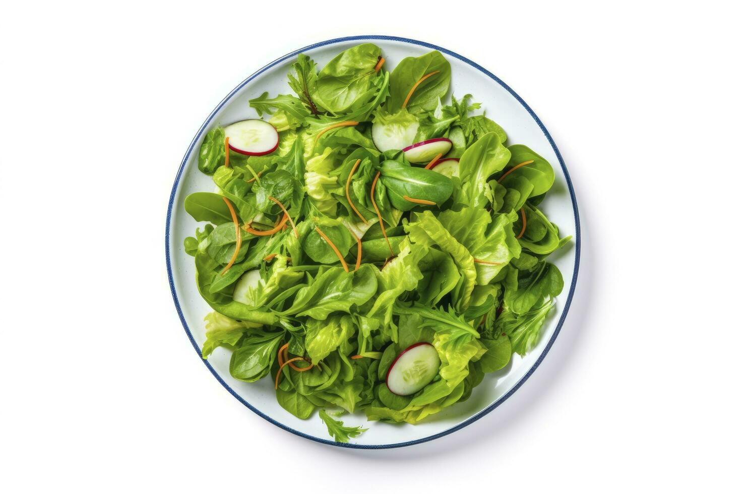 AI generated Healthy fresh green salad plate shot from above on white background. AI Generated photo