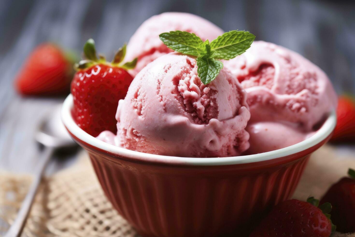 AI generated Strawberry Ice Cream with Fresh Strawberries. AI Generated photo