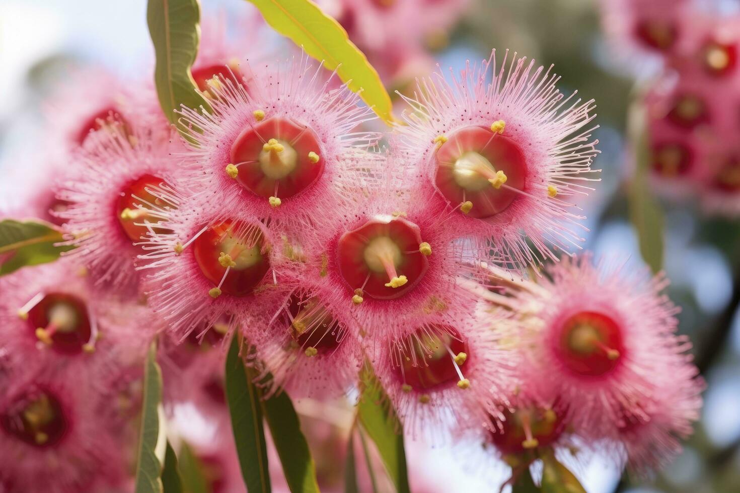 AI generated Beautiful Gum tree pink flowers and buds. AI Generated photo