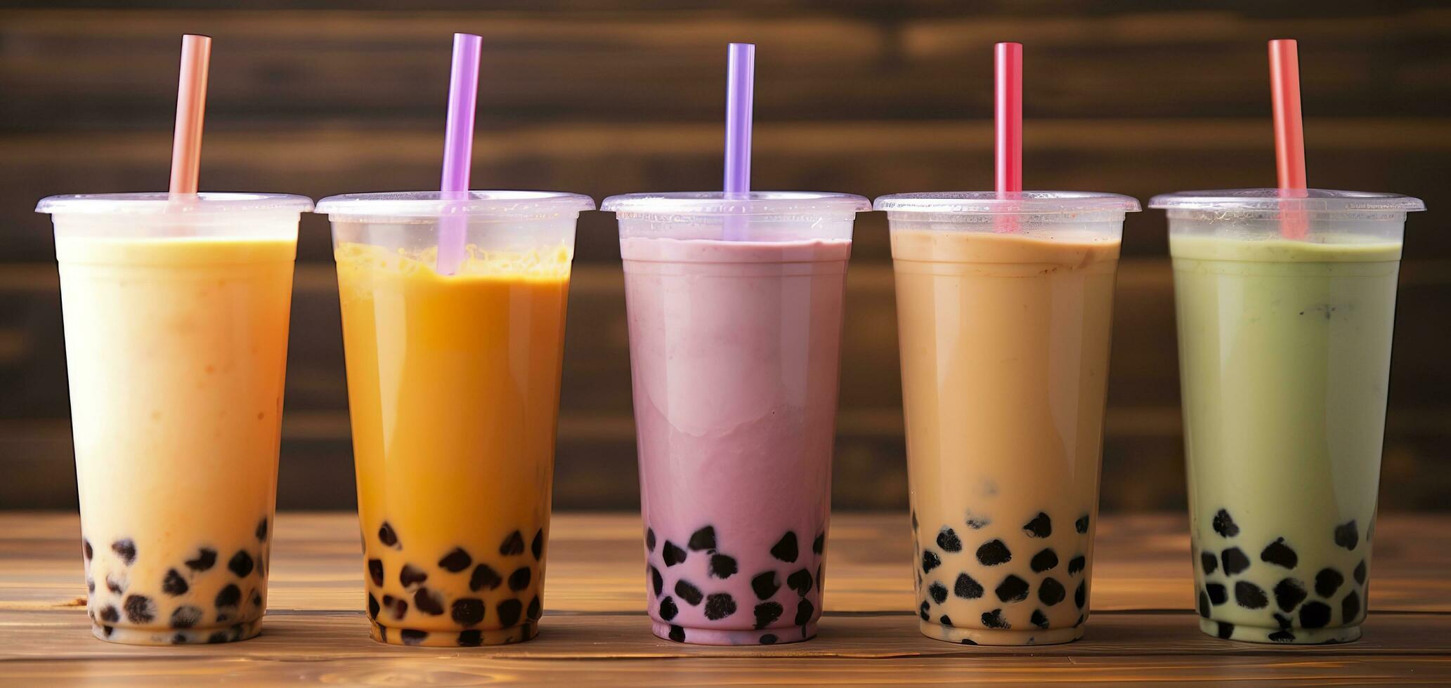 AI generated Plastic cups of different tasty bubble tea on wooden background. Generative AI photo