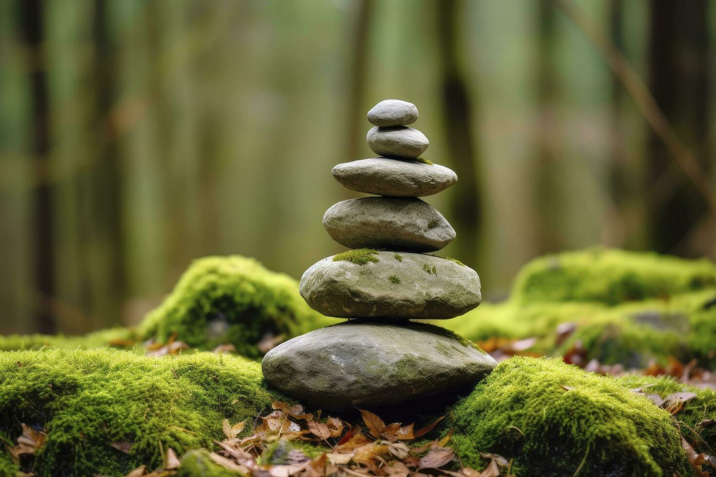 AI generated Pyramid stones balance on old mossy fallen tree. AI Generated photo