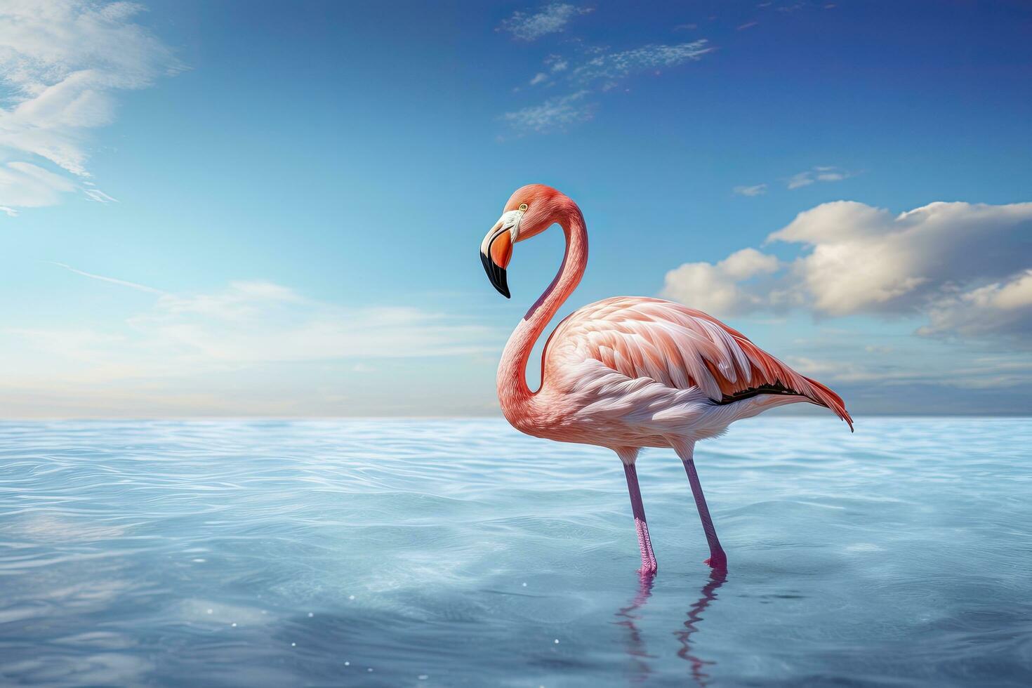 AI generated Pink Flamingo in the water. AI Generated photo