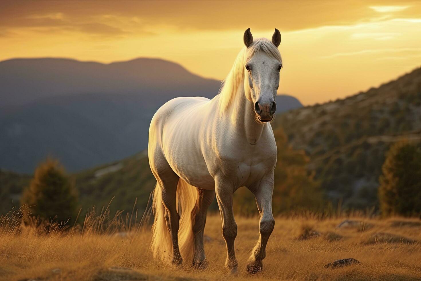 AI generated White horse or mare in the mountains at sunset. AI Generated photo