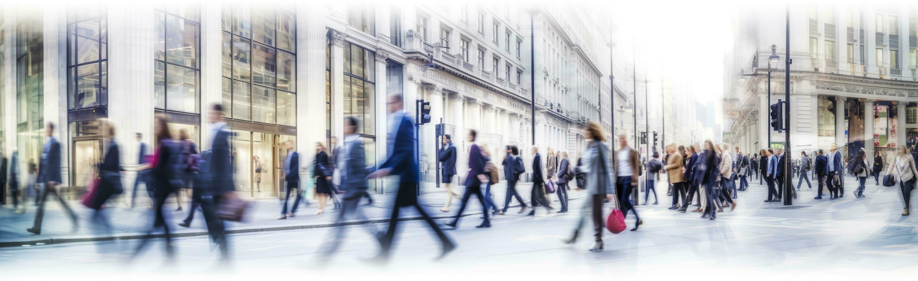 AI generated Walking people blur. Lots of people walk in the City of London. Wide panoramic view of people crossing the road. AI Generated photo