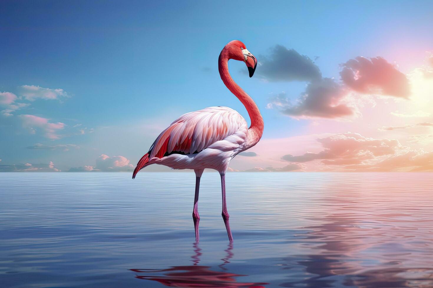 AI generated Pink Flamingo in the water. AI Generated photo