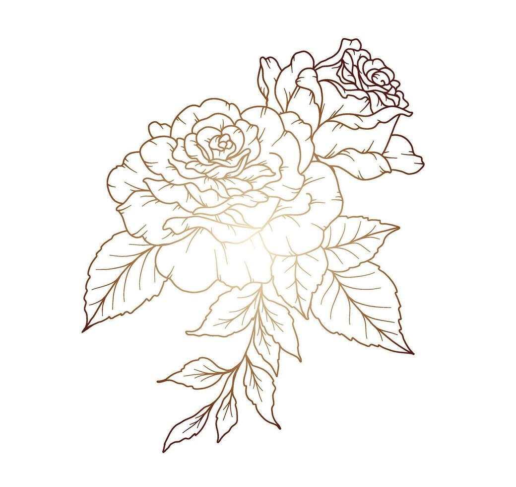 Rose Line Drawing. Black and white Floral Bouquets. Flower Coloring Page. Floral Line Art. Fine Line Rose flower illustration. Hand Drawn flowers. Botanical Coloring. Wedding invitation flowers vector