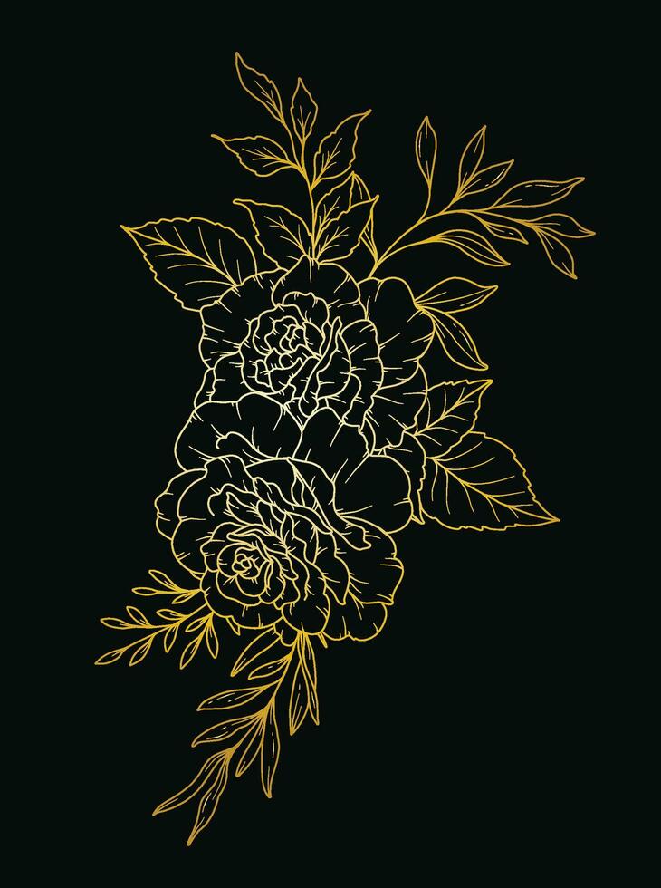 Rose Line Drawing. Black and white Floral Bouquets. Flower Coloring Page. Floral Line Art. Fine Line Rose flower illustration. Hand Drawn flowers. Botanical Coloring. Wedding invitation flowers vector