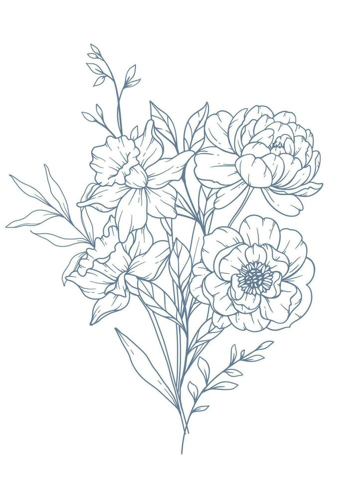 Wildflowers Line Drawing. Black and white Floral Bouquets. Flower Coloring Page. Floral Line Art. Fine Line Wildflowers illustration. Hand Drawn flowers. Botanical Coloring. Wedding invitation flowers vector