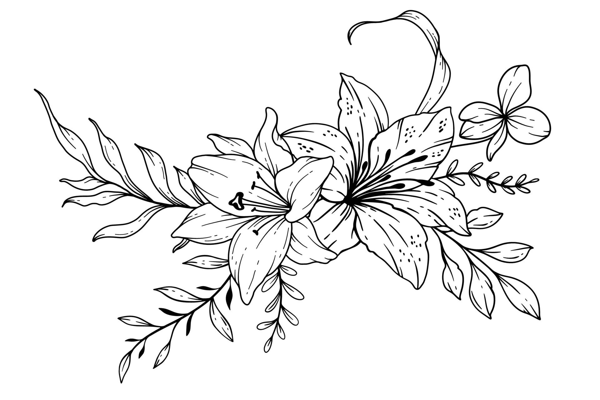 Wildflowers Line Drawing. Black and white Floral Bouquets. Flower ...