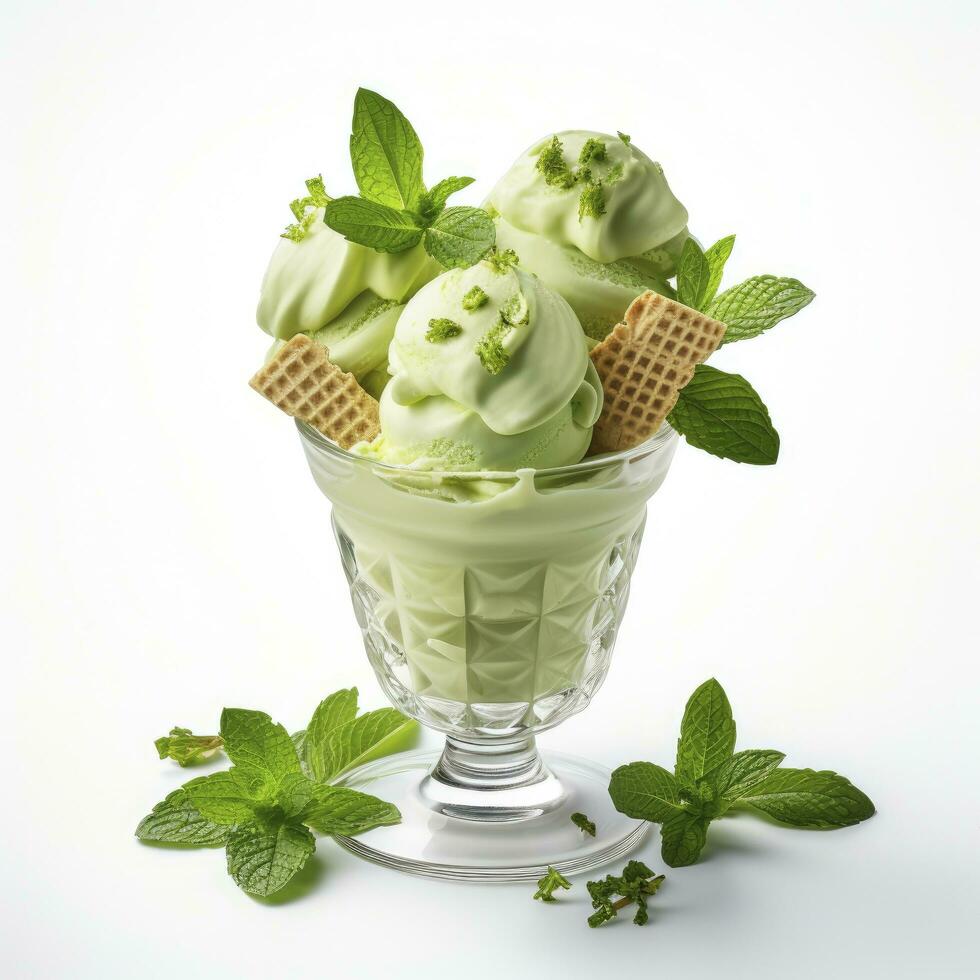 AI generated Matcha ice cream dessert on white background. AI Generated photo