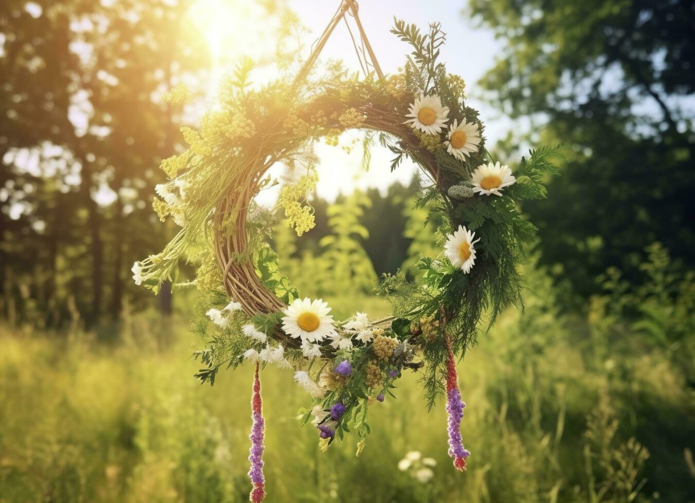 AI generated Rustic wildflowers wreath on a sunny meadow. Summer Solstice Day, Midsummer concept. Generative AI photo