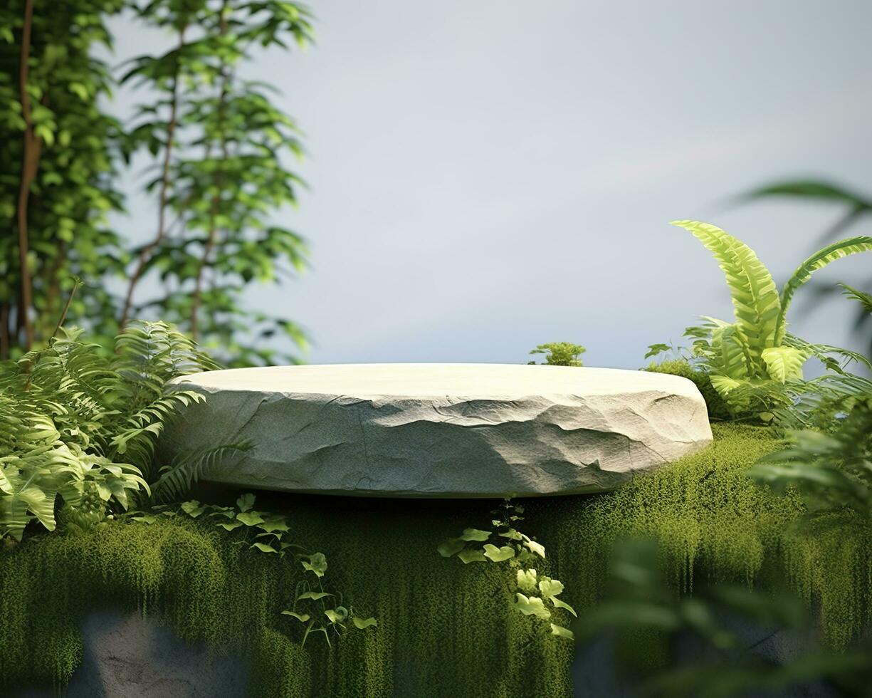 AI generated Stone product display podium for cosmetic product with green nature garden background. Generative AI photo