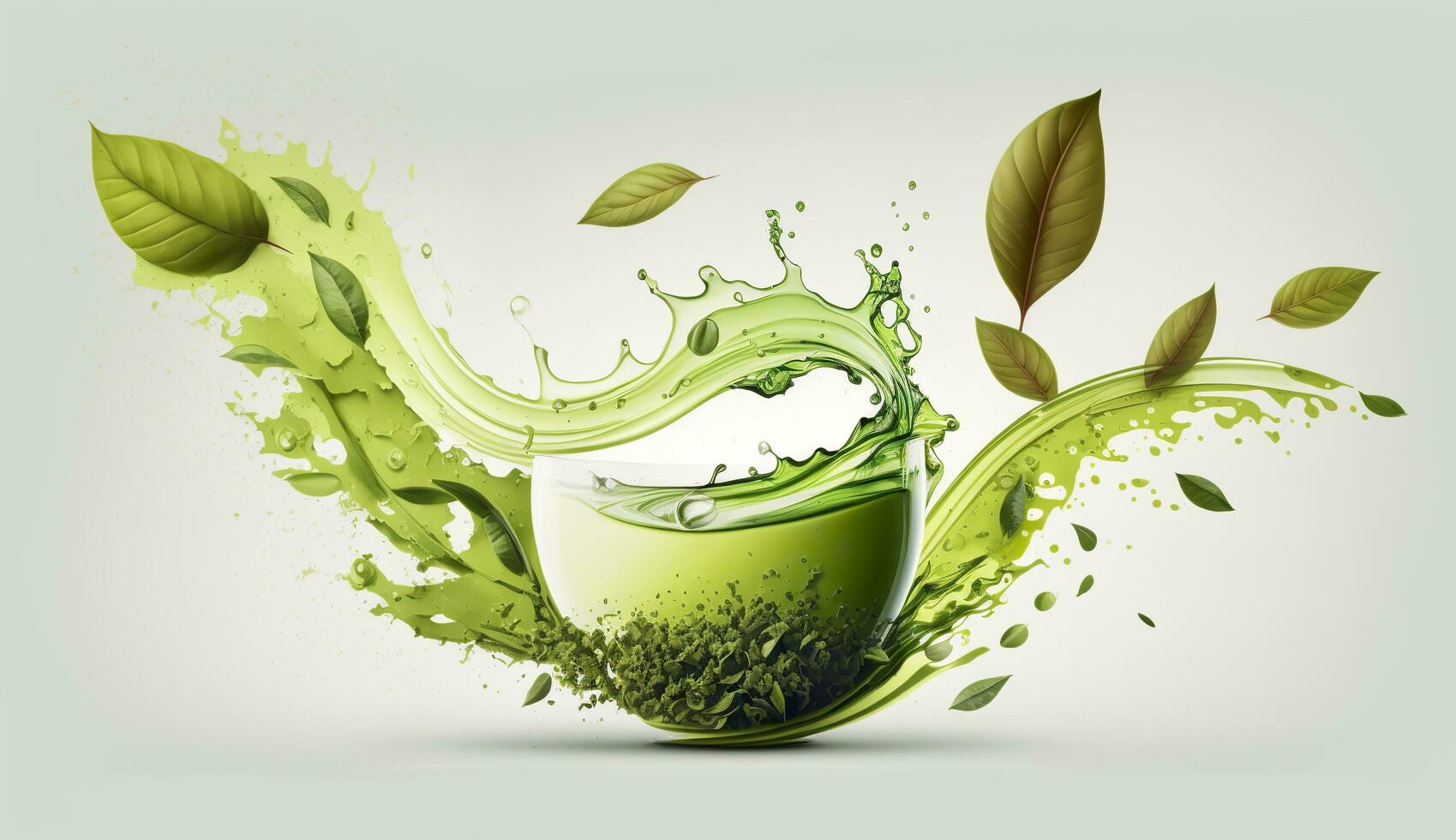 AI generated Green herbal tea wave splash with leaves flow. AI Generated photo