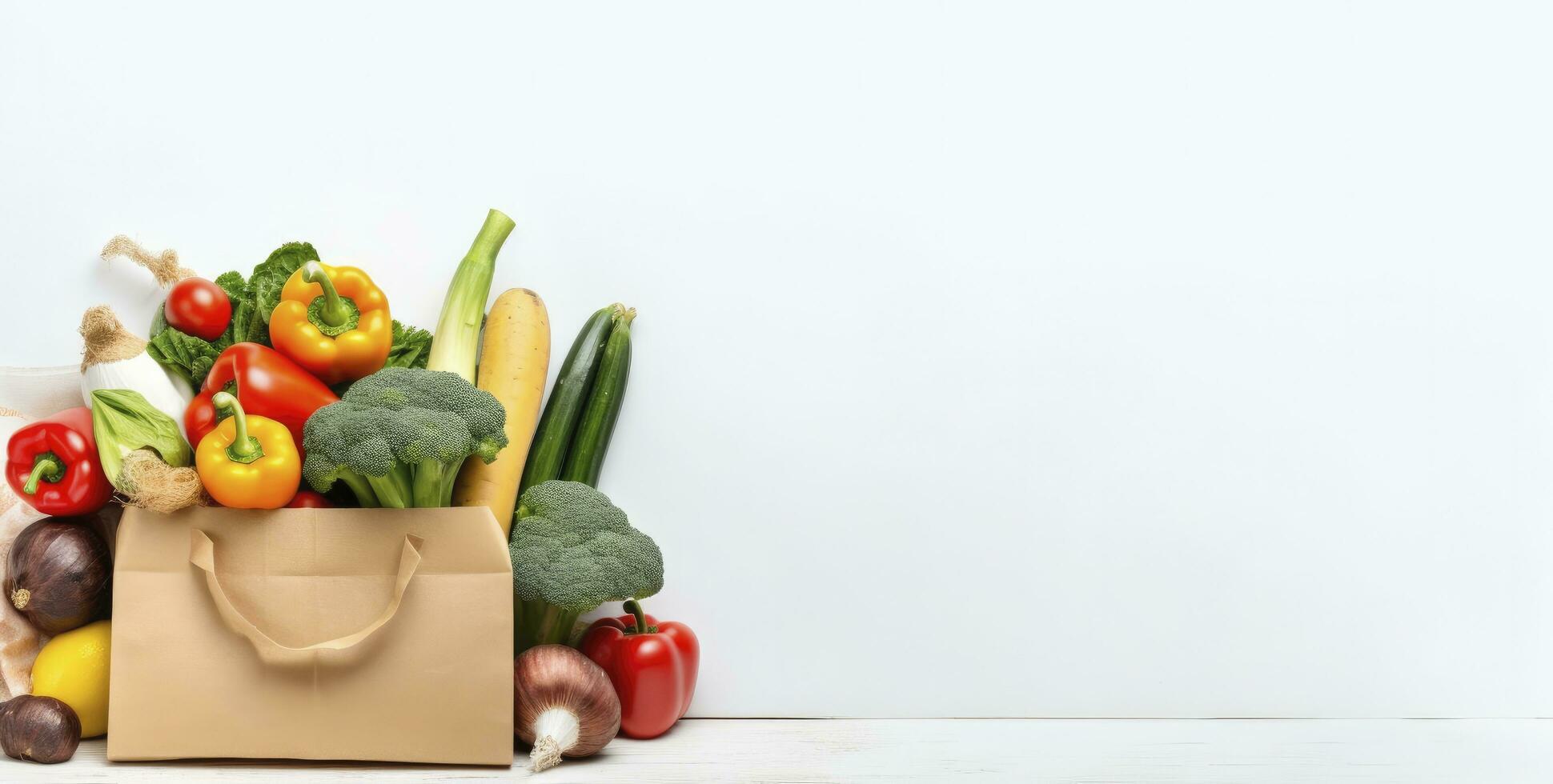 AI generated Healthy food in paper bag vegetables and fruits on white background. AI Generated photo