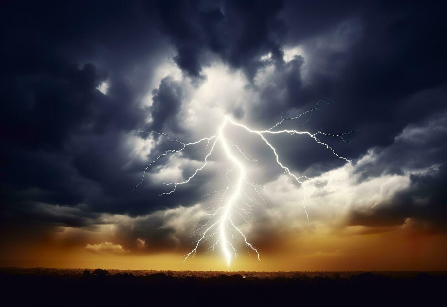 AI generated Lightning strikes on a cloudy dramatic stormy sky. AI Generated photo