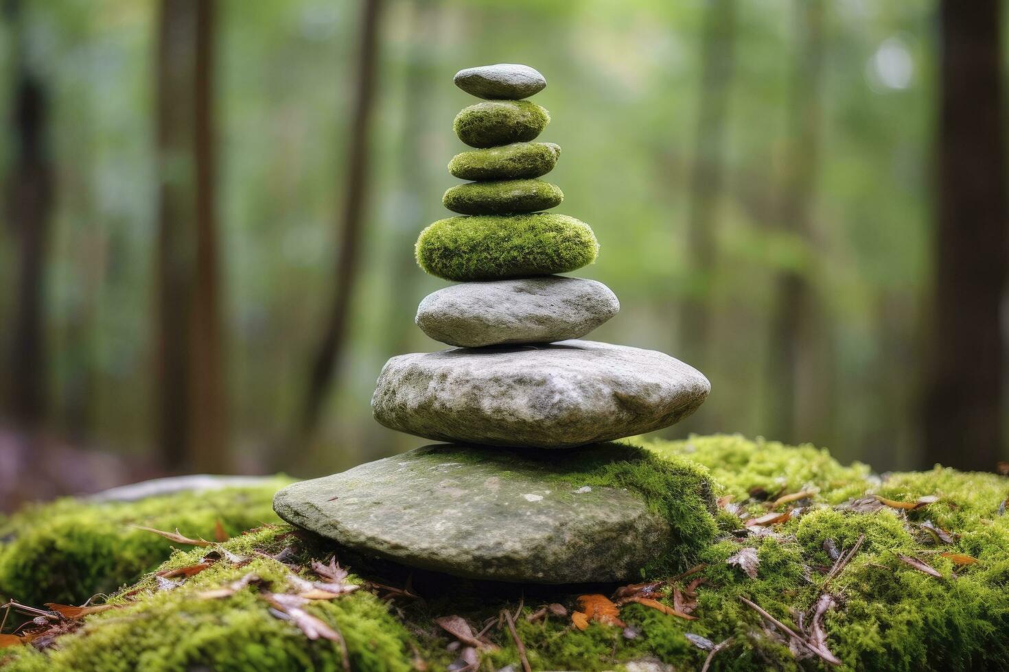 AI generated Pyramid stones balance on old mossy fallen tree. AI Generated photo