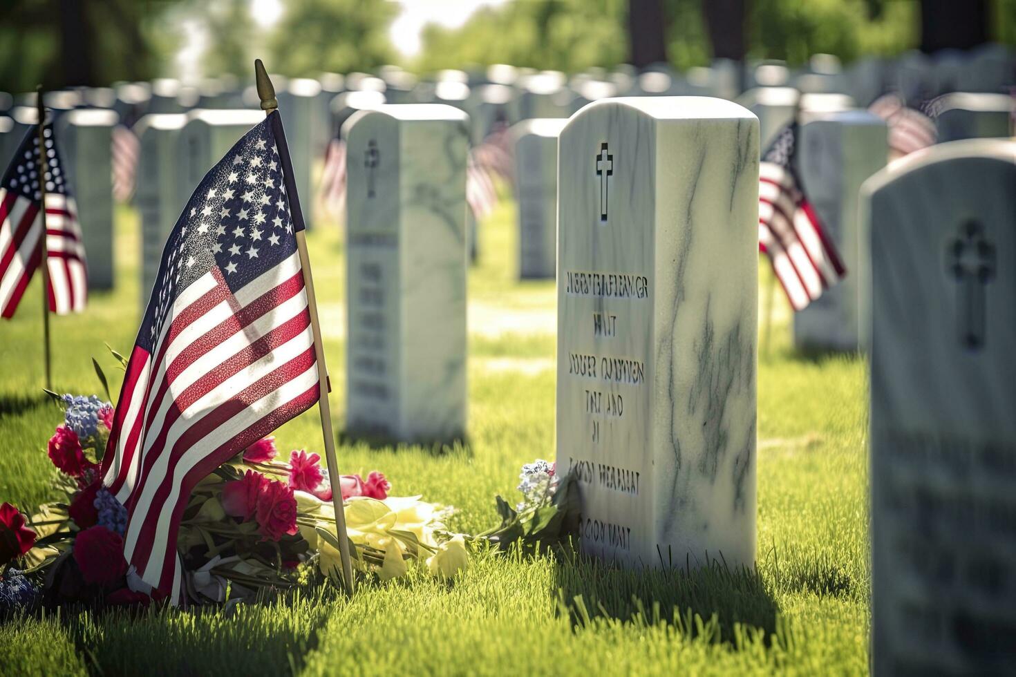 AI generated Military Headstones and Gravestones Decorated With Flags for Memorial Day.  AI Generated photo